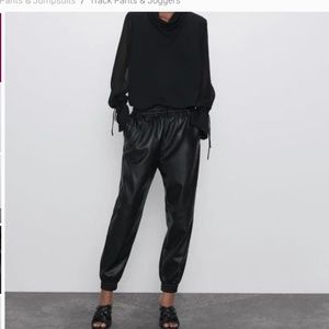Black Zara Faux Leather Elastic Drawstring Waist Joggers size xs.